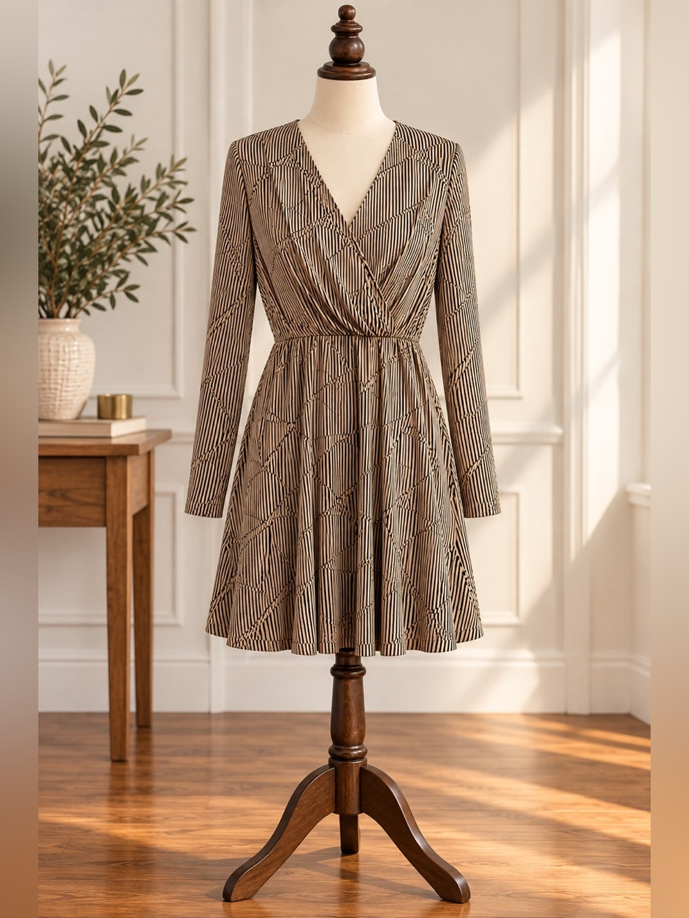 Dynamite Beige Black Geometric Print Wrap Mini Dress Long Sleeve Office Chic